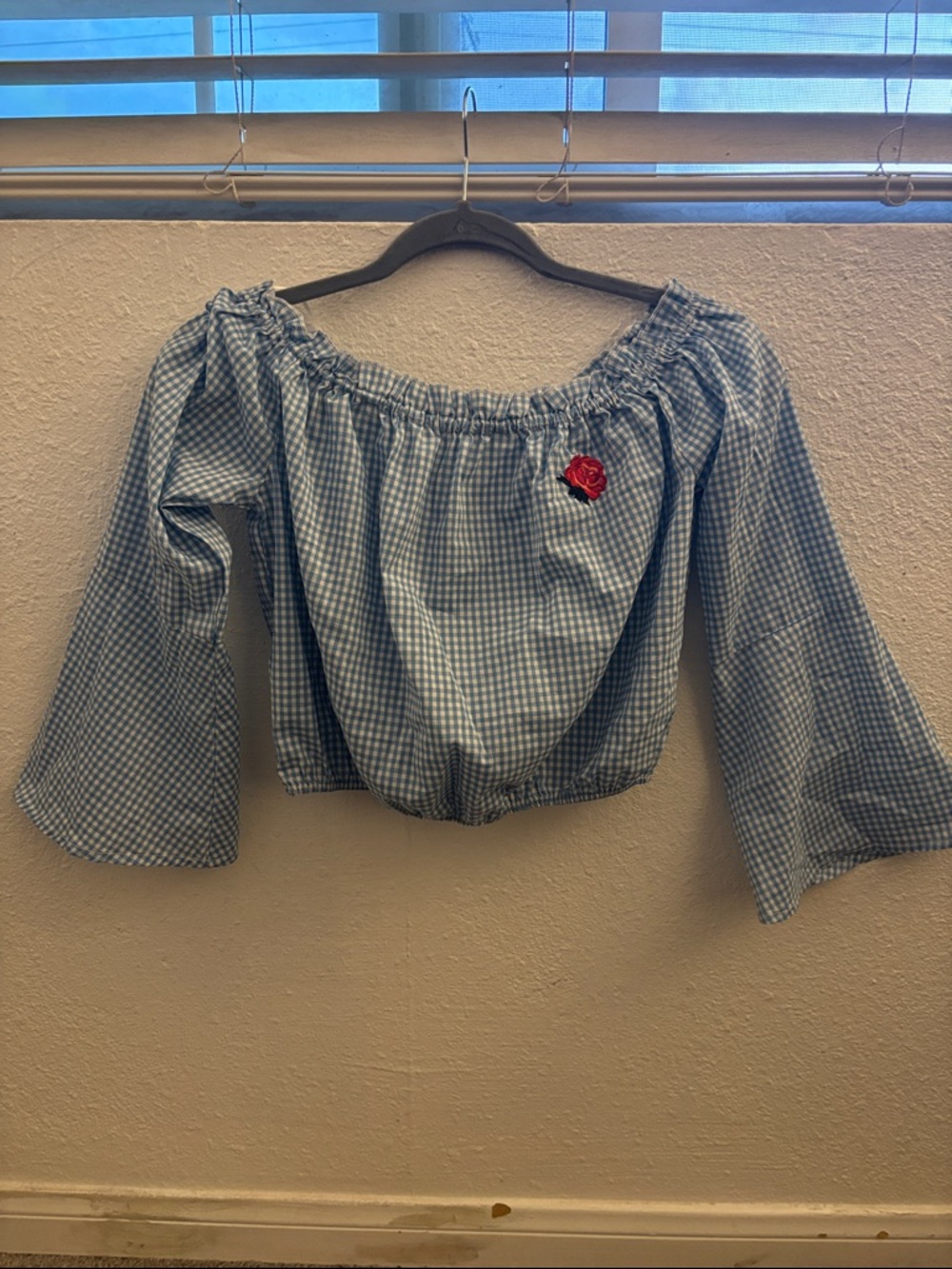 Ambiance Light Blue Gingham Off-Shoulder Top with Red Rose Patch